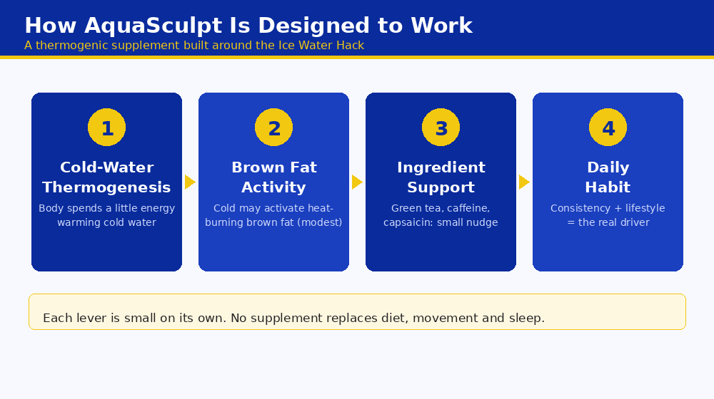 Diagram showing how AquaSculpt is designed to work: cold-water thermogenesis, brown fat activity, and ingredient support combining for modest metabolic support
