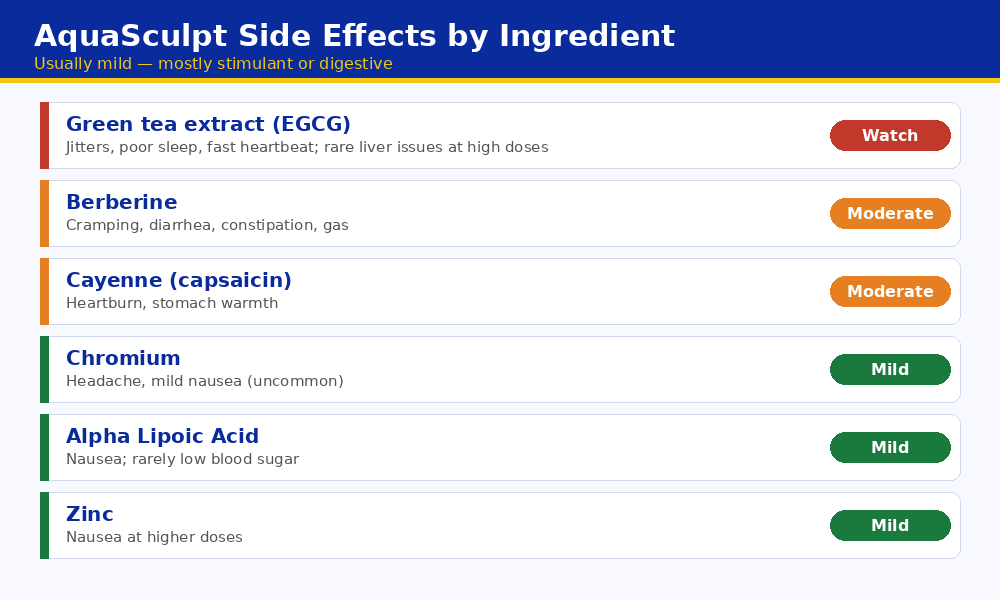 AquaSculpt side effects by ingredient — green tea extract, berberine, chromium, cayenne, zinc and alpha lipoic acid with their common reactions