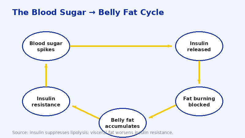Diagram of the insulin and fat storage cycle linking blood sugar spikes to belly fat